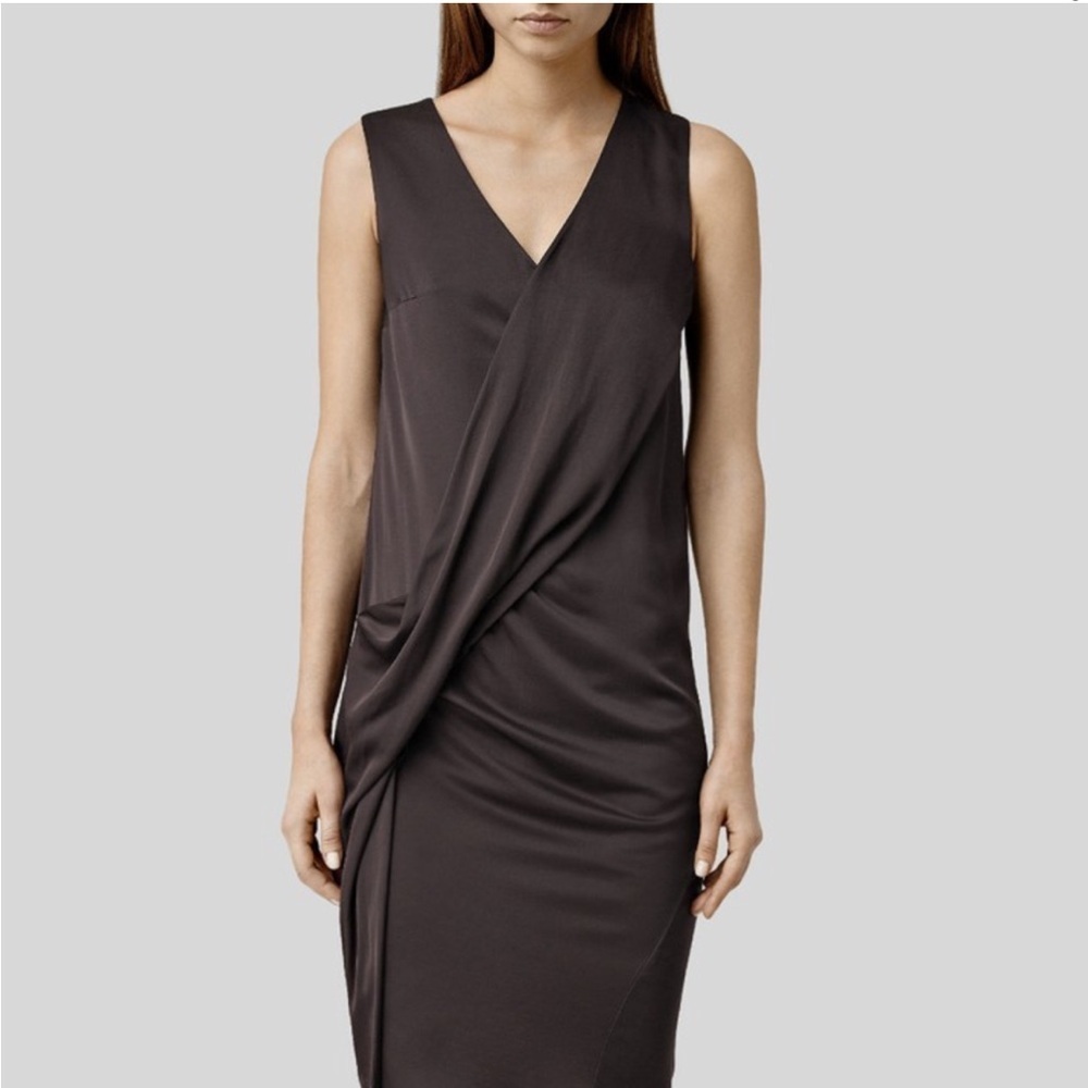 All Saints Annis Dress Black Asymmetrical Ruched Sheath Dress
